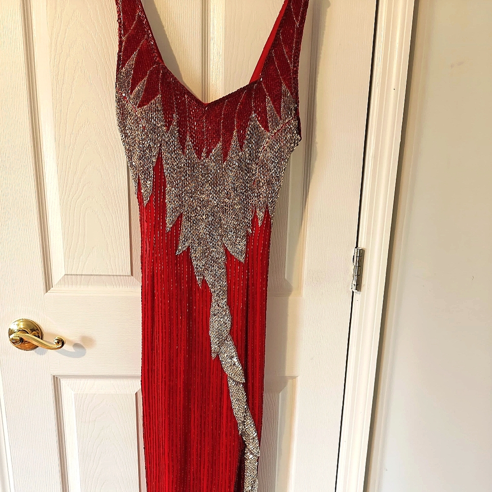 100% Hand Beaded Red Gown With Slit - Picture 2 of 12